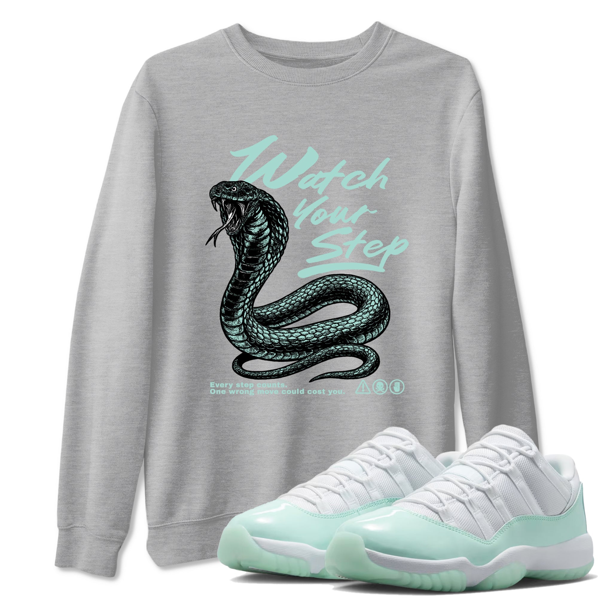 Watch Your Step sneaker match t-shirt styled to complete your fit with the Air Jordan 11 Igloo sneakers, shown in Heather Grey 1.