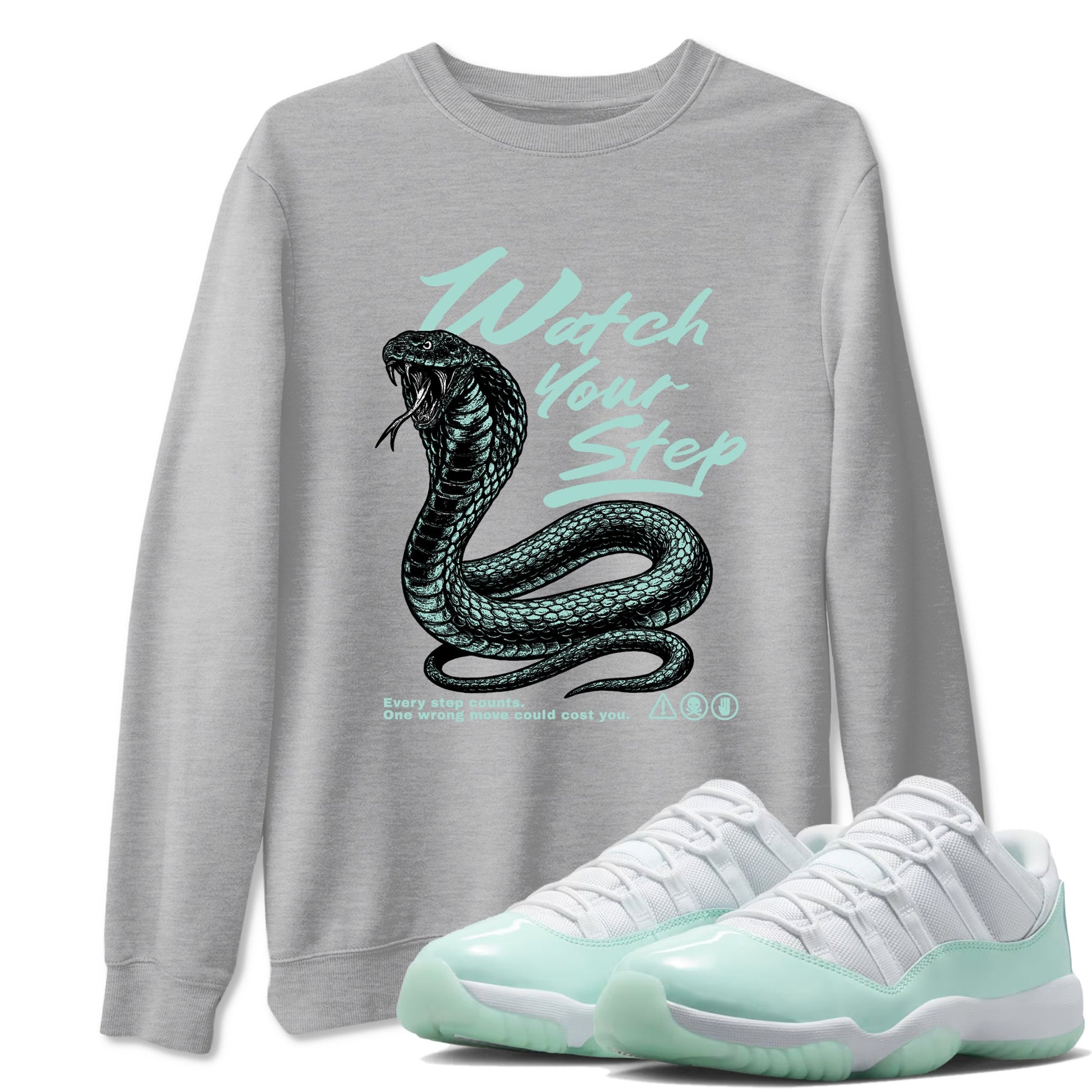 Watch Your Step sneaker match t-shirt styled to complete your fit with the Air Jordan 11 Igloo sneakers, shown in Heather Grey 1.