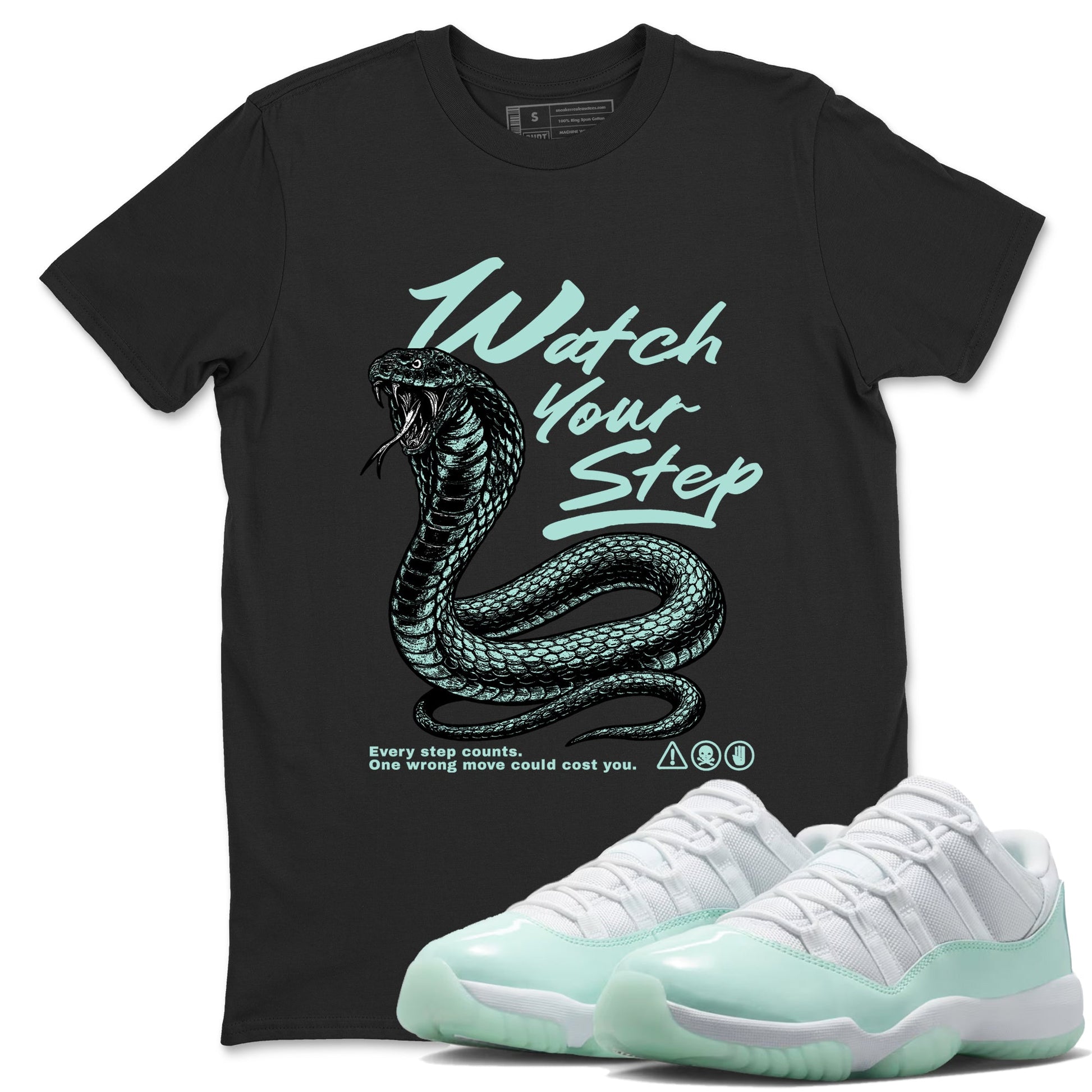Watch Your Step sneaker match t-shirt styled to complete your fit with the Air Jordan 11 Igloo sneakers, shown in Black 1.