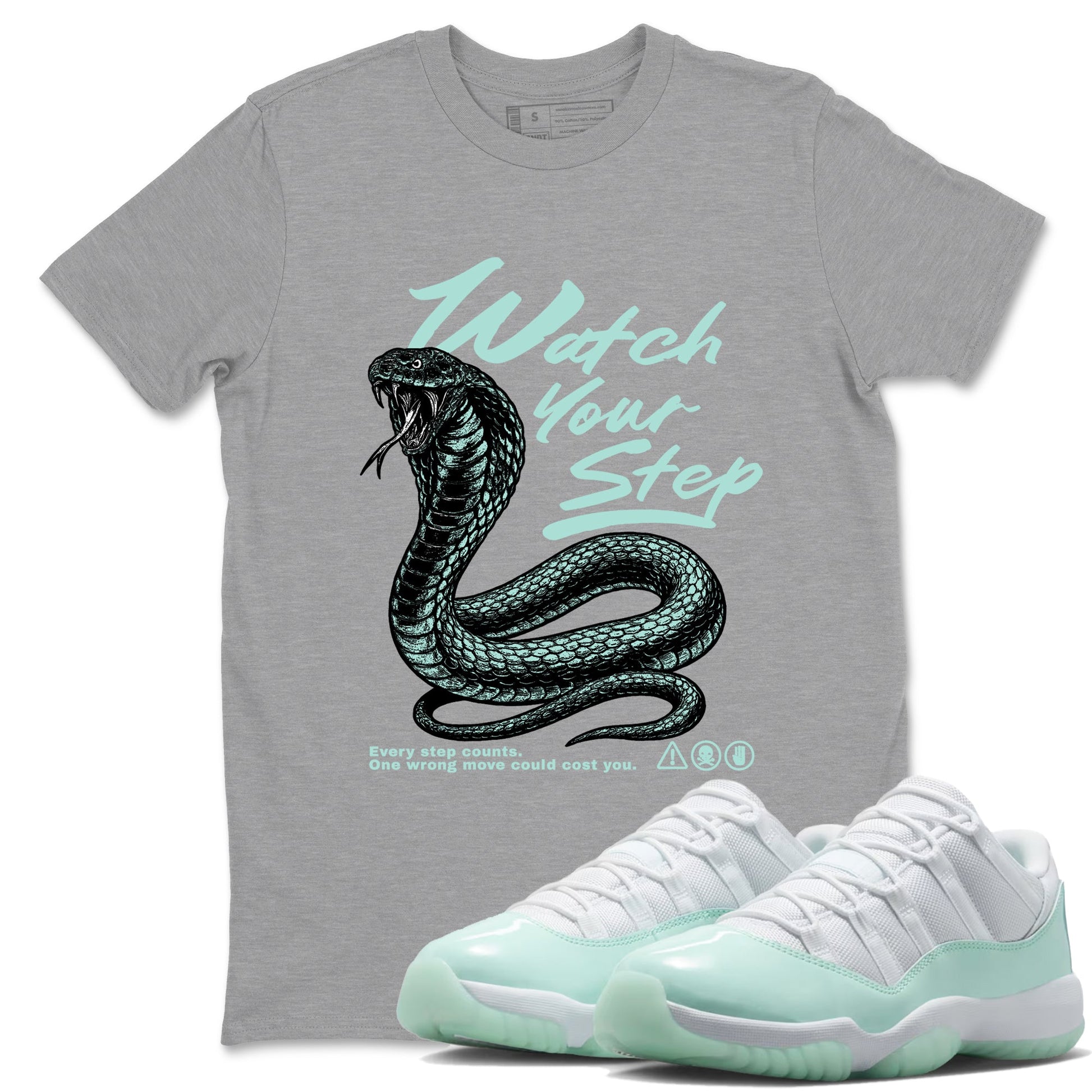 Watch Your Step sneaker match t-shirt styled to complete your fit with the Air Jordan 11 Igloo sneakers, shown in Heather Grey 1.
