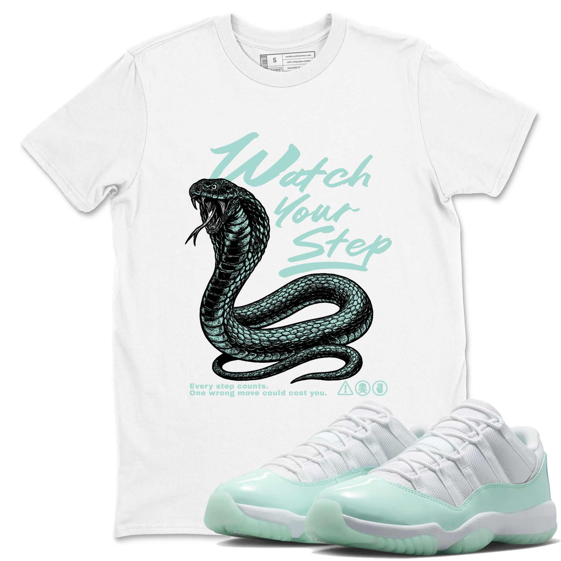 Watch Your Step sneaker match t-shirt styled to complete your fit with the Air Jordan 11 Igloo sneakers, shown in White 1.