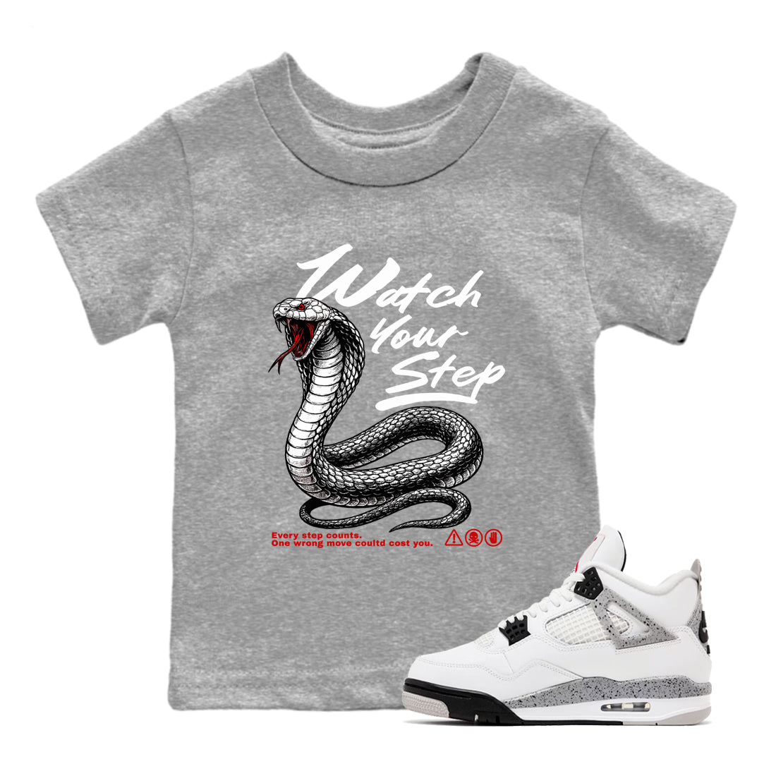 4s White Cement shirts to match jordans Watch Your Step sneaker match tees AJ4 Retro OG White Cement match shoes to clothes SNRT Sneaker Tees Youth Baby Heather Grey 1 tee