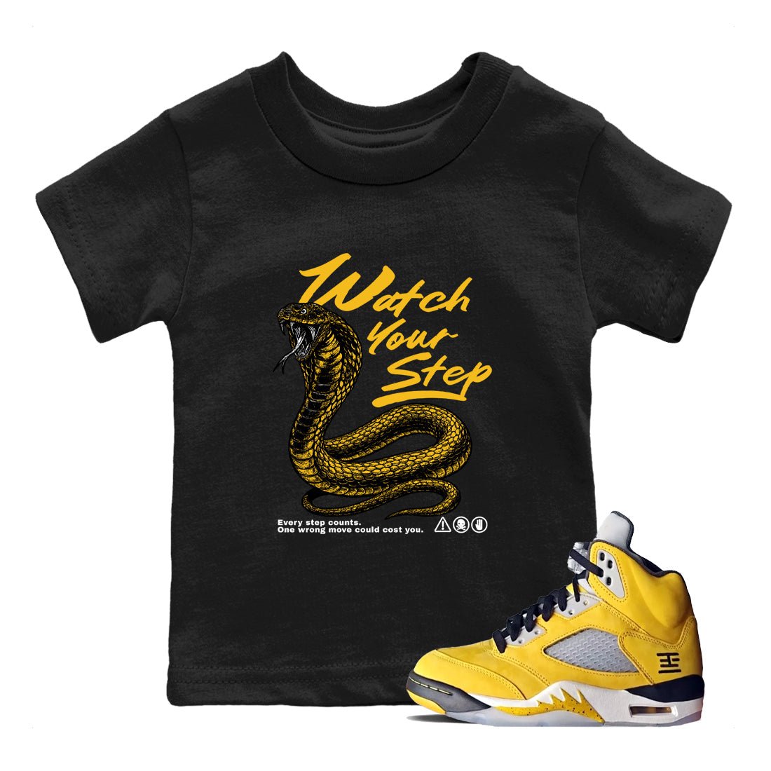 Watch Your Step baby and kids t-shirt crafted for little sneakerheads to with the Air Jordan 5 Tokyo sneakers, displayed in Black 1.