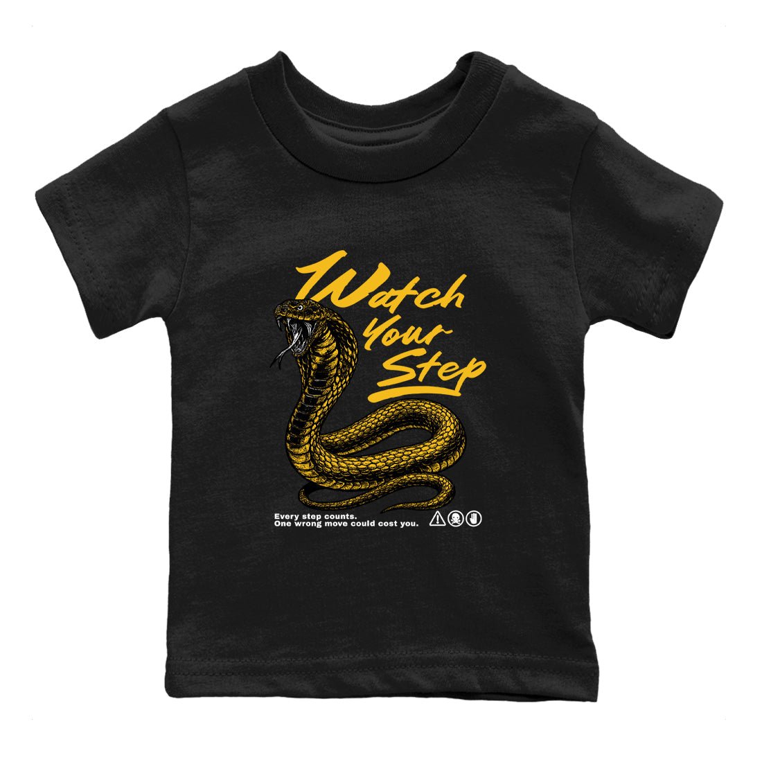Watch Your Step baby and kids t-shirt crafted for little sneakerheads to with the Air Jordan 5 Tokyo sneakers, displayed in Black 2.