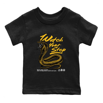 Watch Your Step baby and kids t-shirt crafted for little sneakerheads to with the Air Jordan 5 Tokyo sneakers, displayed in Black 2.
