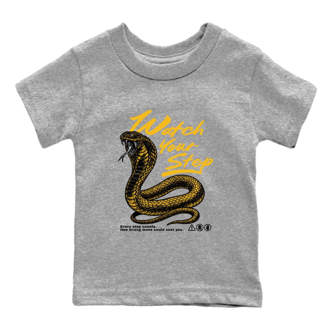 Watch Your Step baby and kids t-shirt crafted for little sneakerheads to with the Air Jordan 5 Tokyo sneakers, displayed in Heather Grey 2.