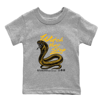 Watch Your Step baby and kids t-shirt crafted for little sneakerheads to with the Air Jordan 5 Tokyo sneakers, displayed in Heather Grey 2.