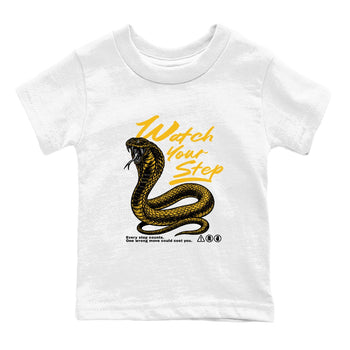 Watch Your Step baby and kids t-shirt crafted for little sneakerheads to with the Air Jordan 5 Tokyo sneakers, displayed in White 2.