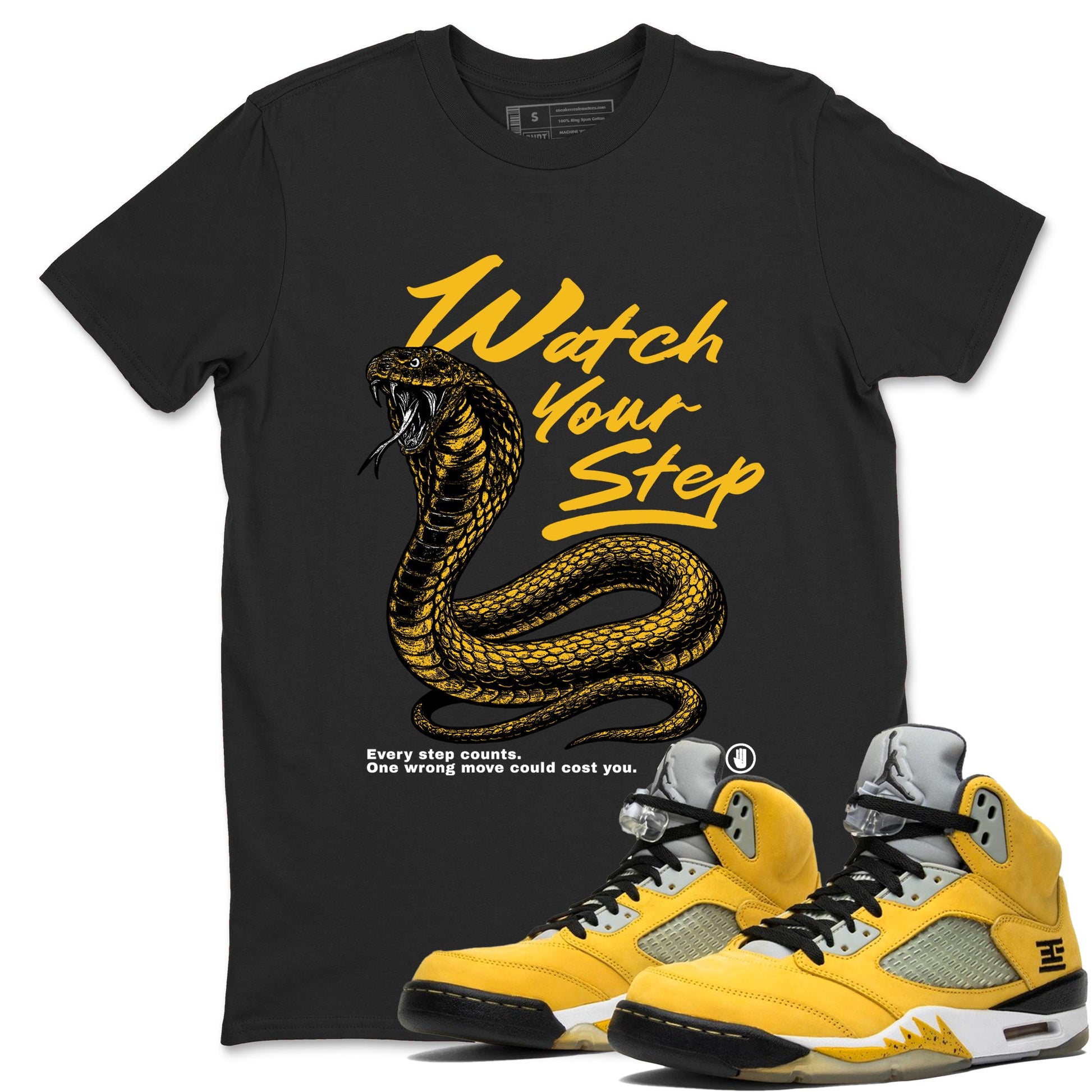 Watch Your Step sneaker match tees styled to complete your fit with the 5s Tokyo sneakers, shown in Black 1.