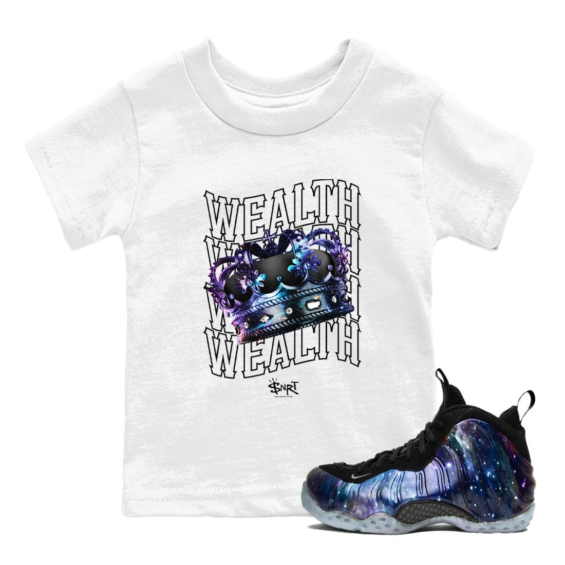 Foams One Galaxy shirts to match jordans Wealth sneaker match tees Air Foamposite One Galaxy match shoes to clothes SNRT Sneaker Tees Youth Baby White 1 tee