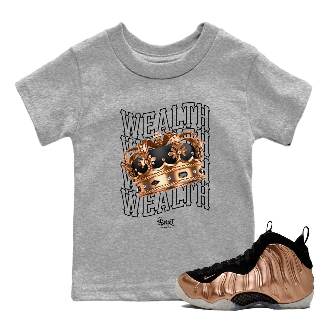 Foams One Metallic Copper shirts to match jordans Wealth sneaker match tees Air Foamposite One Metallic Copper match shoes to clothes SNRT Sneaker Tees Youth Baby Heather Grey 1 tee