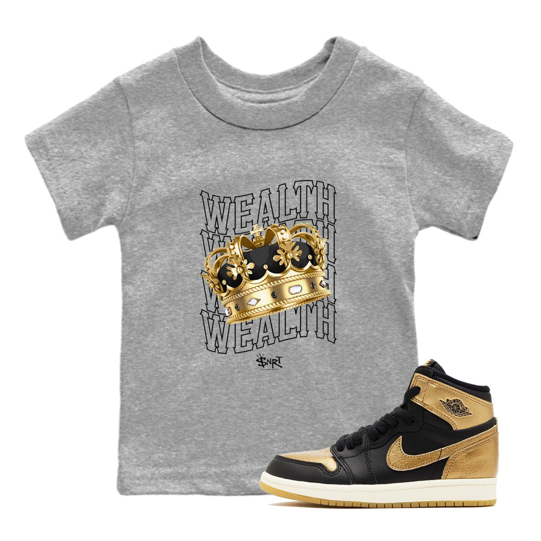 Air Jordan 1 High OG Black Metallic Gold shirts to match jordans Wealth sneaker match tees Jordan 1 Black Metallic Gold SNRT Sneaker Tees streetwear brand Baby and Youth Heather Grey 1 cotton tee