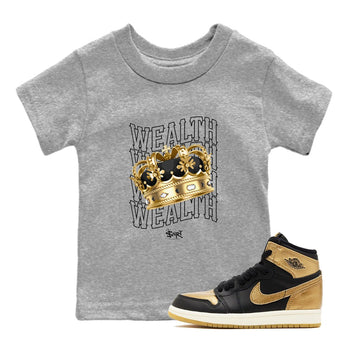 Air Jordan 1 High OG Black Metallic Gold shirts to match jordans Wealth sneaker match tees Jordan 1 Black Metallic Gold SNRT Sneaker Tees streetwear brand Baby and Youth Heather Grey 1 cotton tee