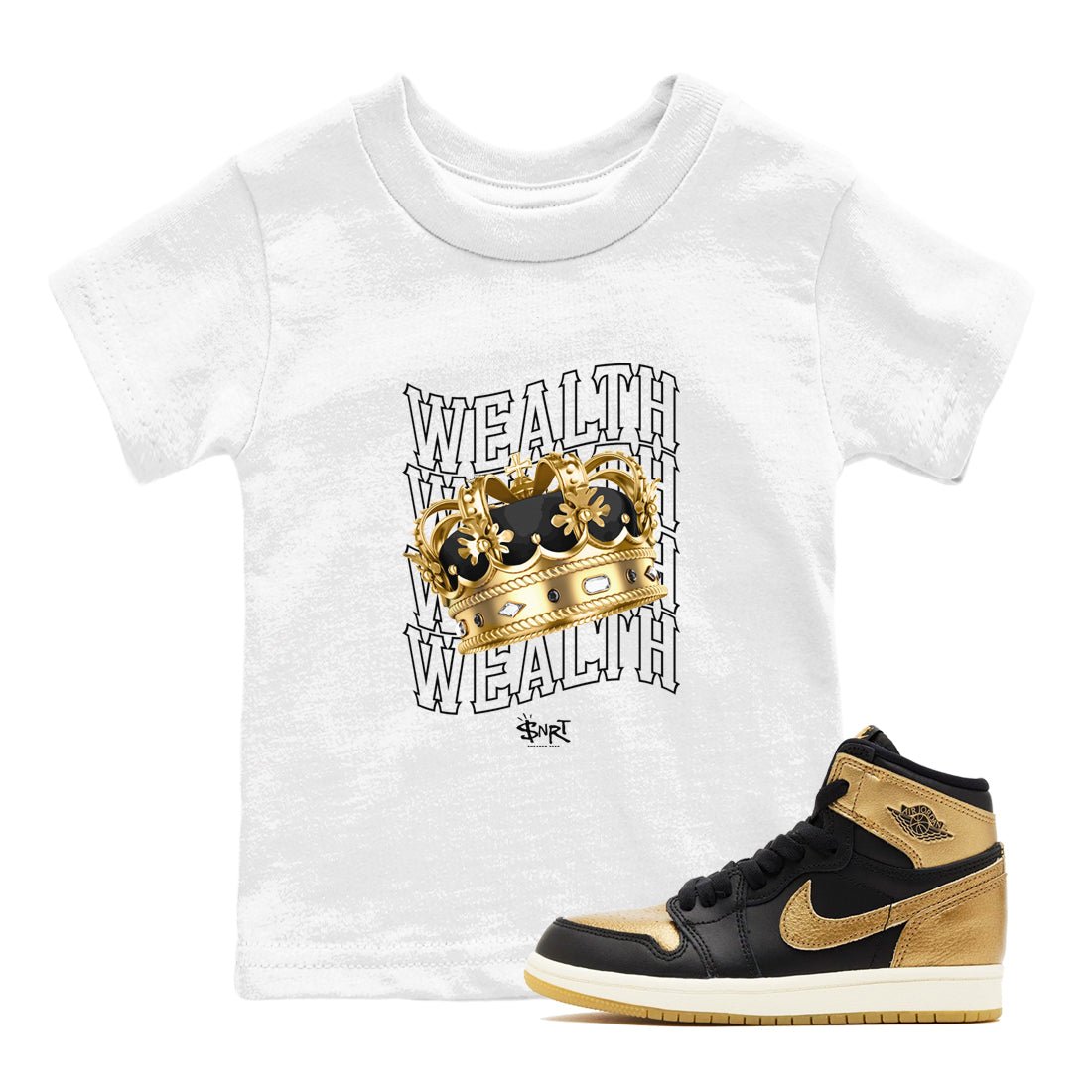 Air Jordan 1 High OG Black Metallic Gold shirts to match jordans Wealth sneaker match tees Jordan 1 Black Metallic Gold SNRT Sneaker Tees streetwear brand Baby and Youth White 1 cotton tee