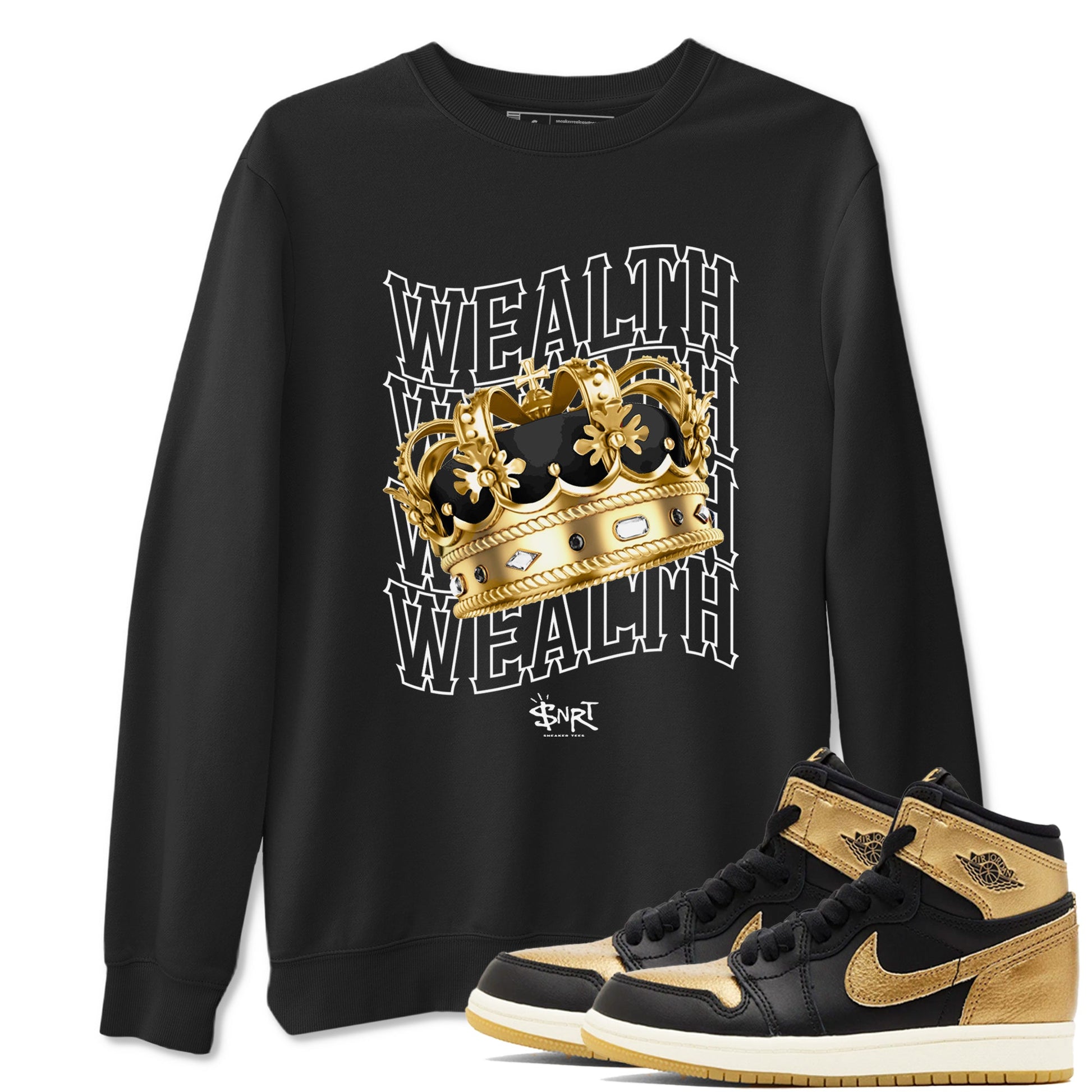 Air Jordan 1 High OG Black Metallic Gold shirts to match jordans Wealth sneaker match tees Jordan 1 Black Metallic Gold SNRT Sneaker Tees streetwear brand Black 1 unisex cotton tee