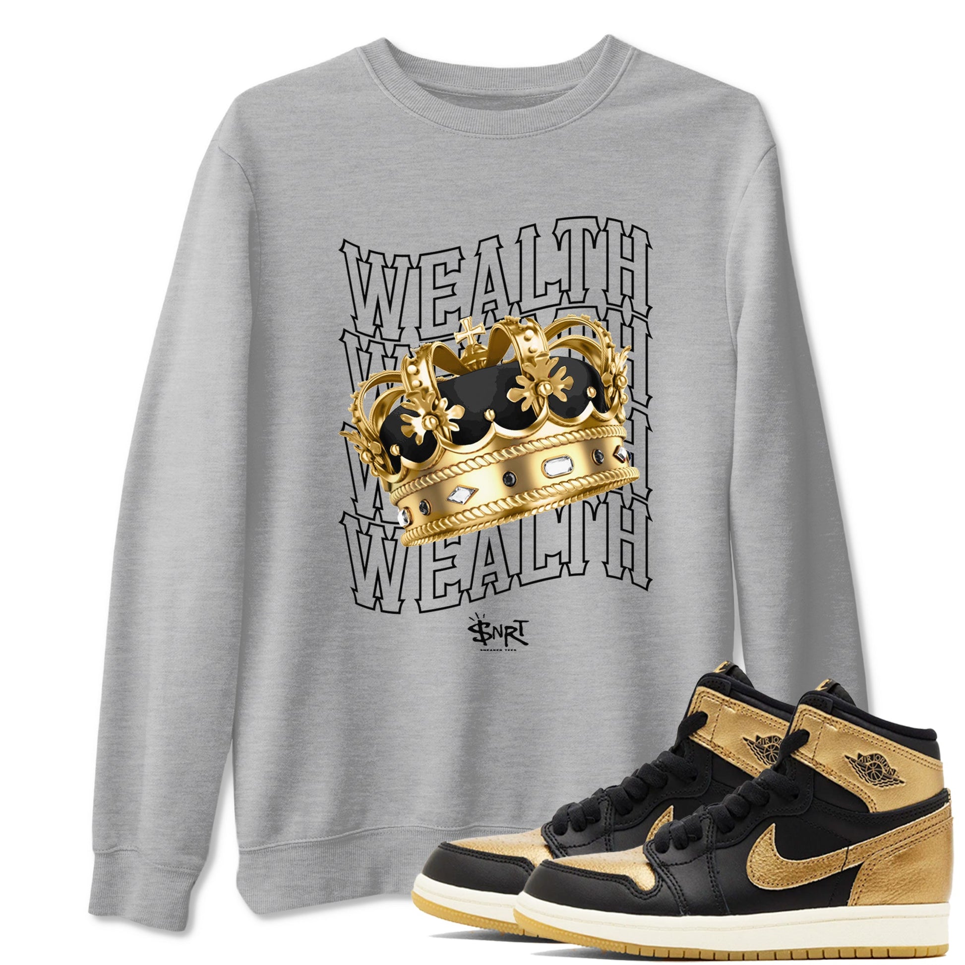 Air Jordan 1 High OG Black Metallic Gold shirts to match jordans Wealth sneaker match tees Jordan 1 Black Metallic Gold SNRT Sneaker Tees streetwear brand Heather Grey 1 unisex cotton tee