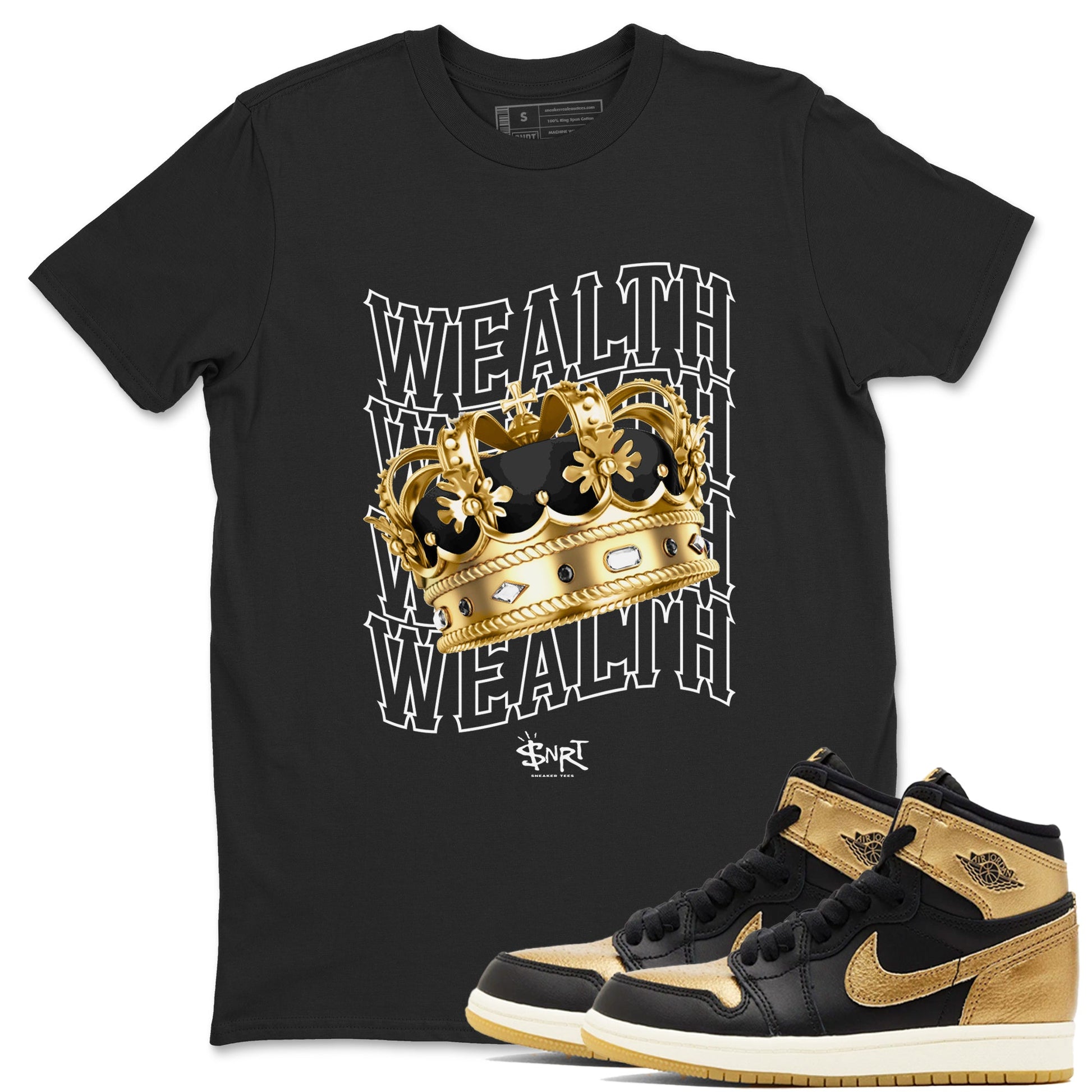 Air Jordan 1 High OG Black Metallic Gold shirts to match jordans Wealth sneaker match tees Jordan 1 Black Metallic Gold SNRT Sneaker Tees streetwear brand Black 1 unisex cotton tee