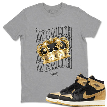 Air Jordan 1 High OG Black Metallic Gold shirts to match jordans Wealth sneaker match tees Jordan 1 Black Metallic Gold SNRT Sneaker Tees streetwear brand Heather Grey 1 unisex cotton tee