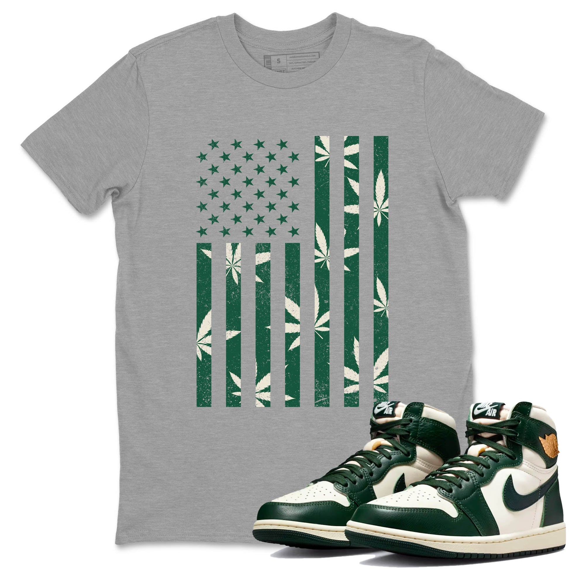 Sneaker Threads – Sneaker Tees To Match Air Jordan 1 Pro Green – Weed Flag Graphic Tee Heather Grey 1. Perfect for Jordan releases 2025 colorways.