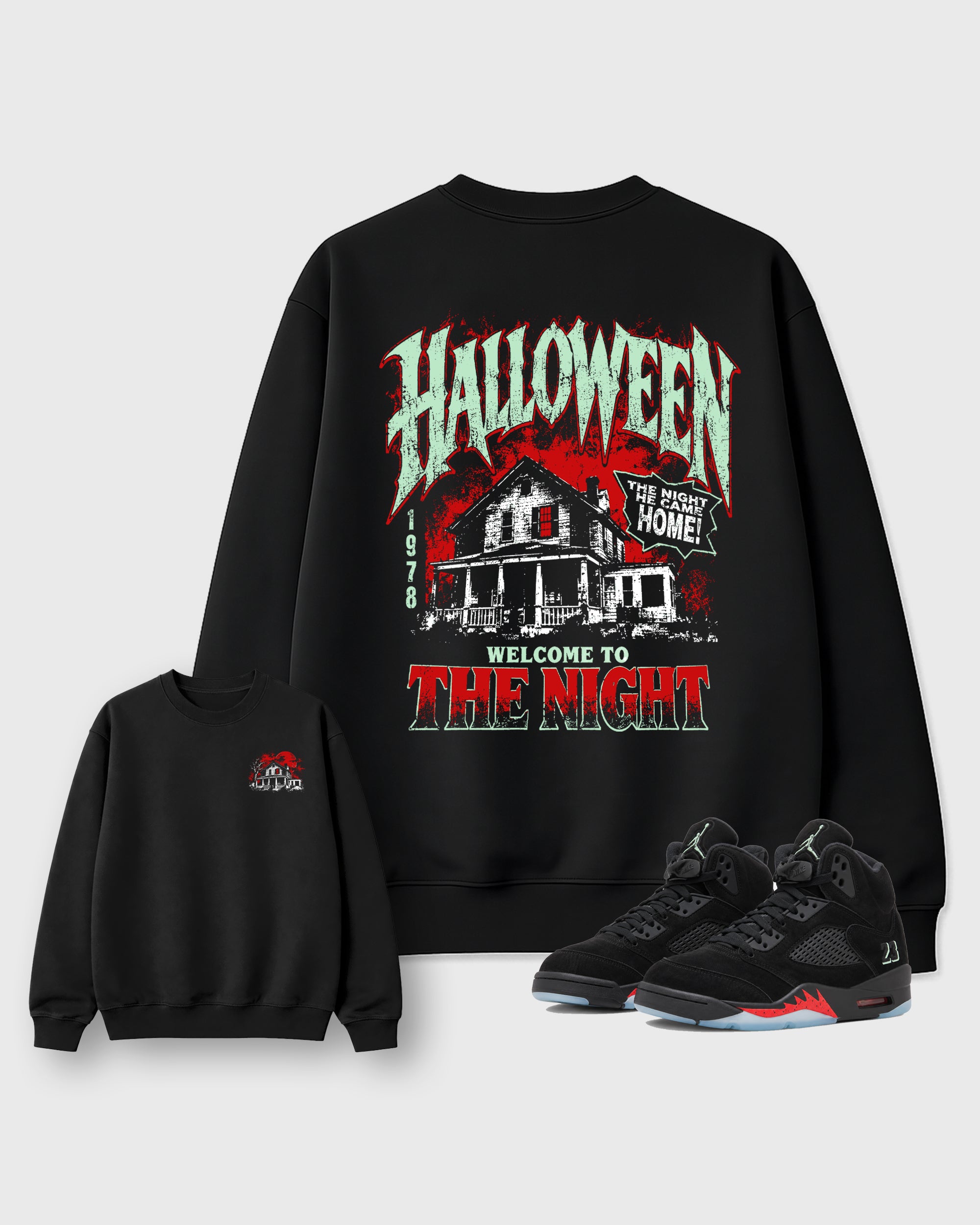 Welcome To The Night Black Graphic Sweatshirt - 1, a sneaker matching sweatshirt designed to coordinate with Air Jordan 5 Halloween sneakers for a complete sneaker outfit.