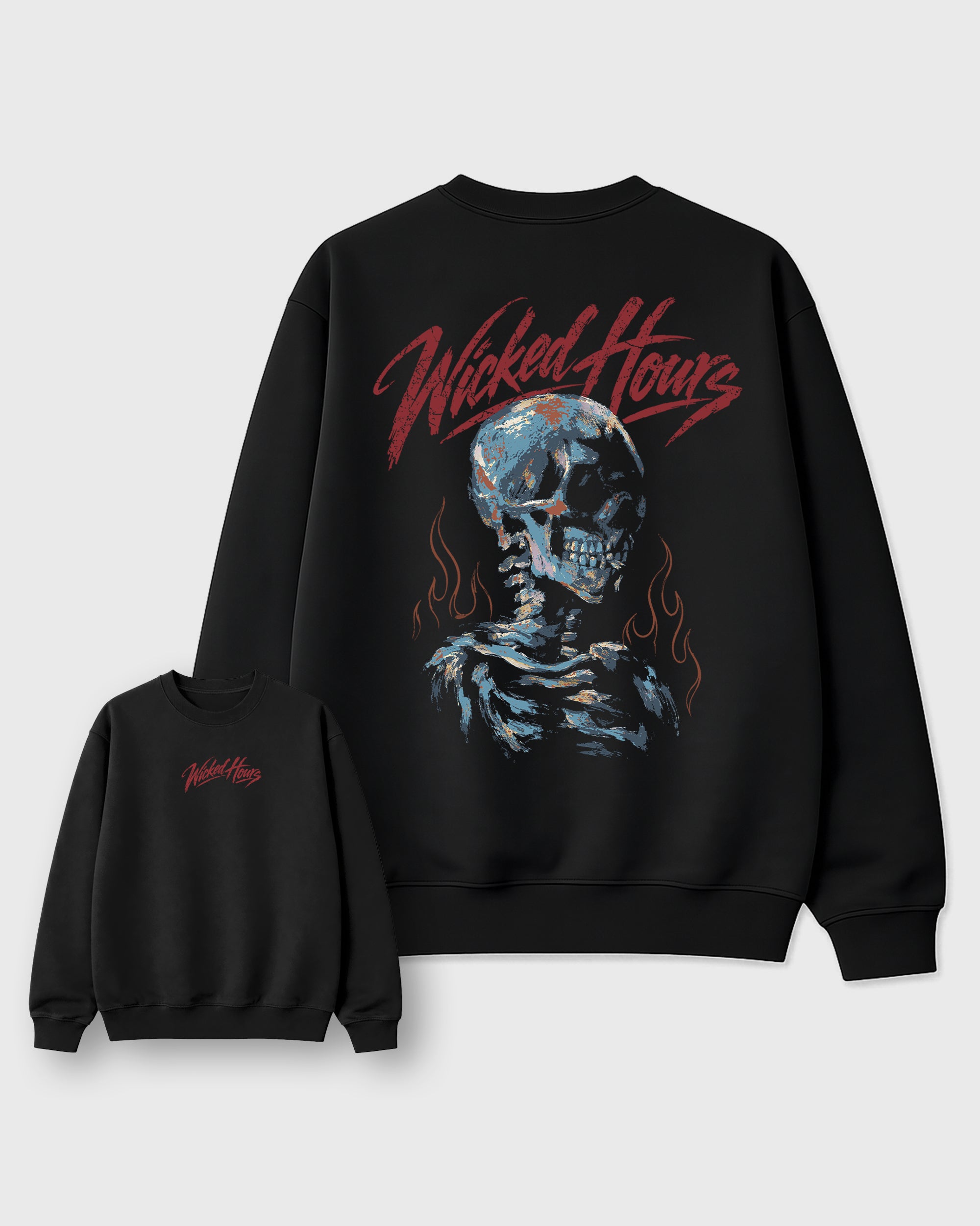 Wicked Hours Black Graphic Sweatshirt - 1, a sneaker matching sweatshirt designed to coordinate with Halloween sneakers for a complete sneaker outfit.