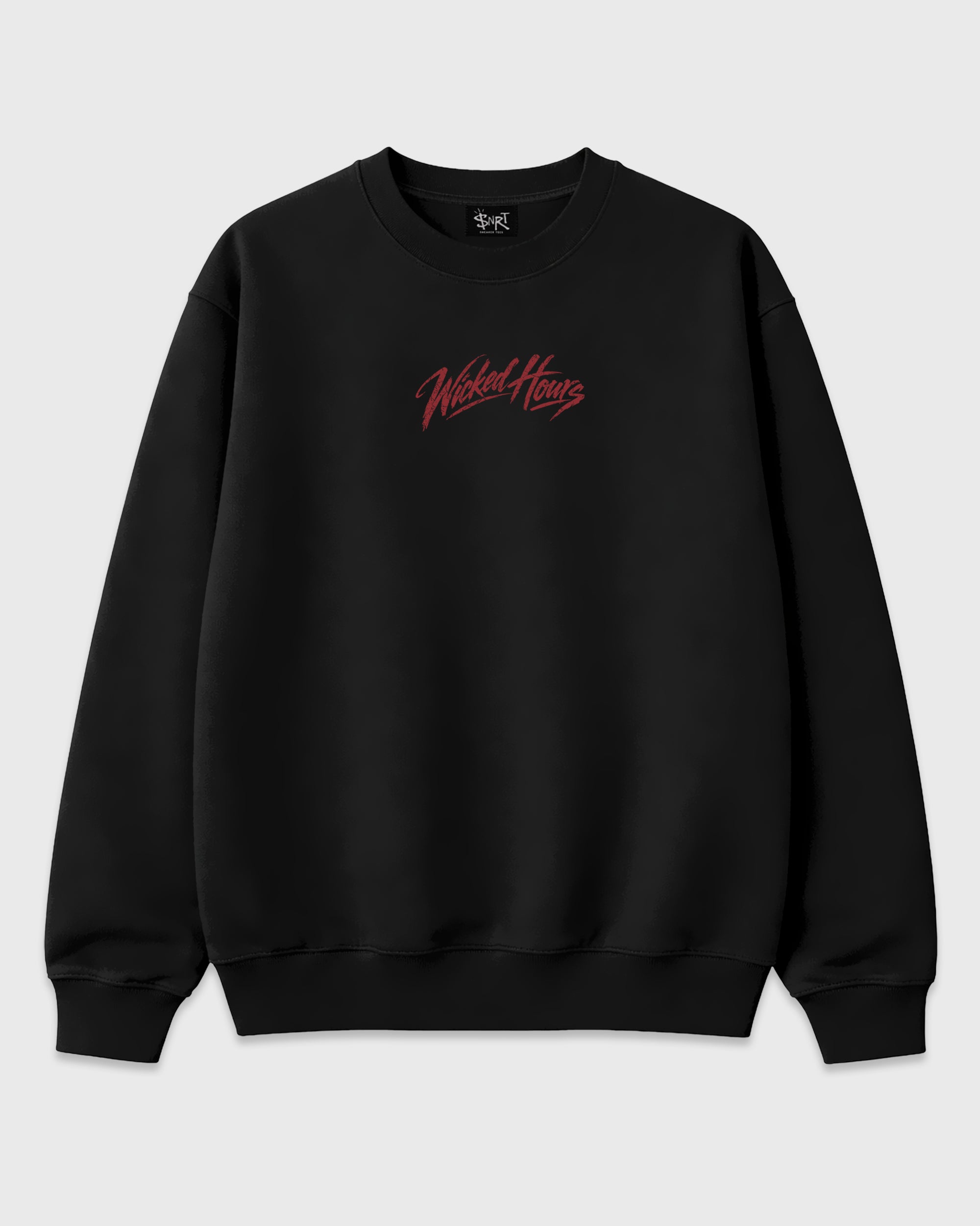 Wicked Hours Black Graphic Sweatshirt - 1, a sneaker matching sweatshirt designed to coordinate with Halloween sneakers for a complete sneaker outfit.