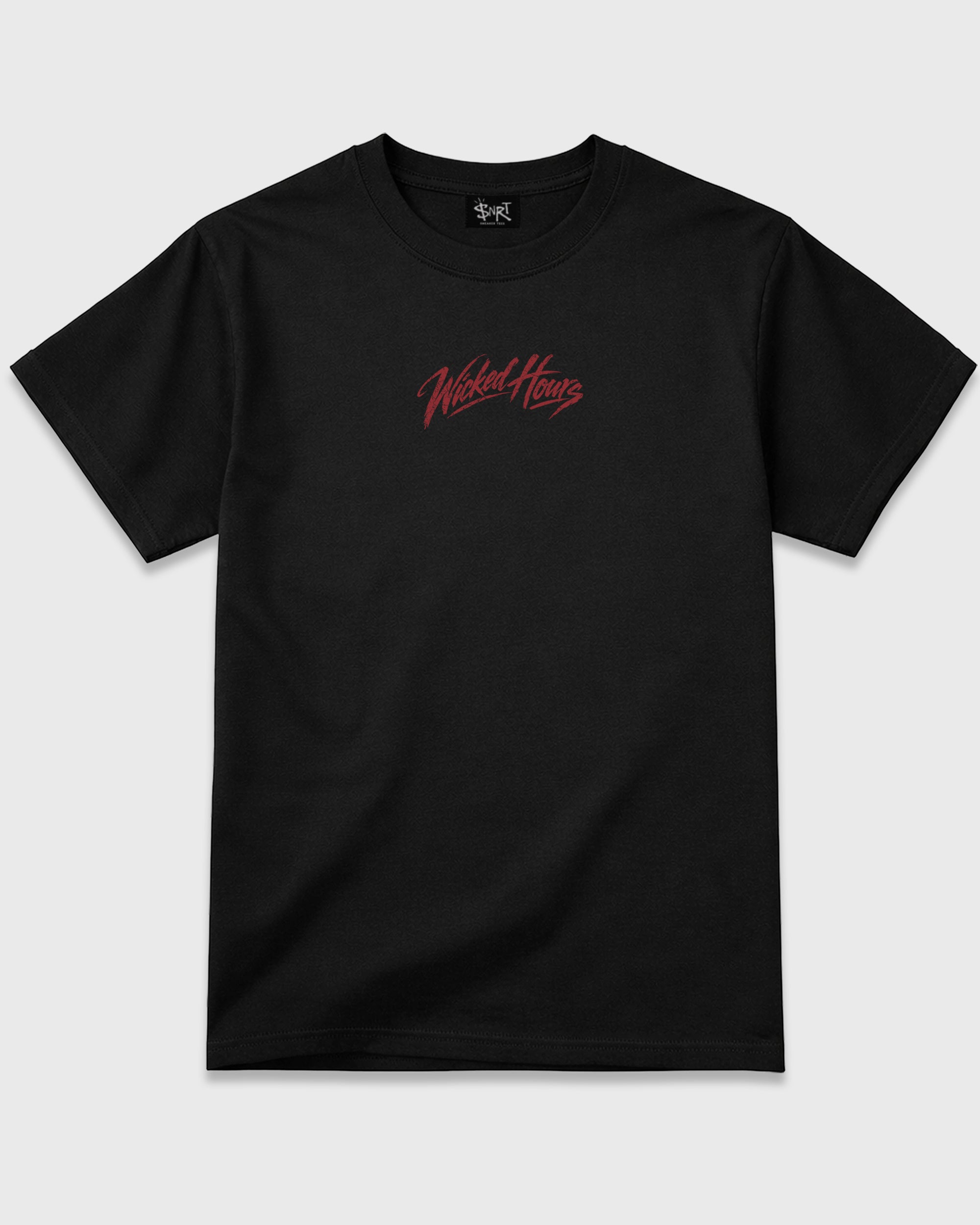Wicked Hours Black Graphic T-Shirt - 1, sneaker matching tee designed to match Halloween sneakers for a coordinated sneaker outfit.