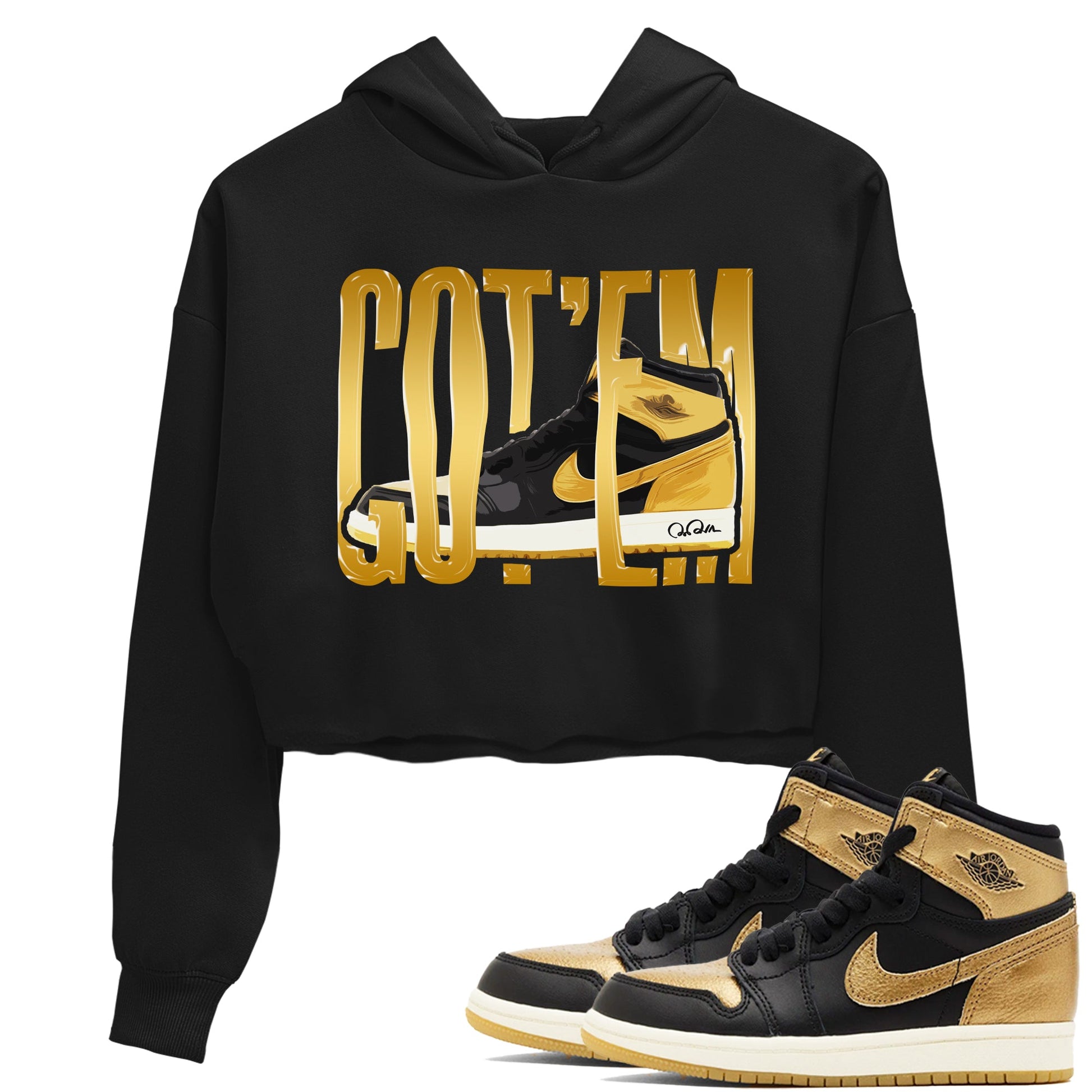 1s Black Metallic Gold shirts to match jordans Wigggling Gotem sneaker match tees Jordan 1 High OG Black and Gold SNRT Sneaker Tees streetwear brand Black 1 crop tee