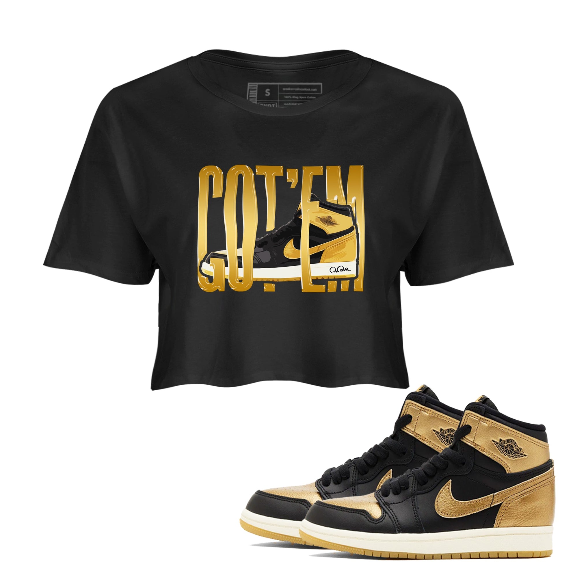 1s Black Metallic Gold shirts to match jordans Wigggling Gotem sneaker match tees Jordan 1 High OG Black and Gold SNRT Sneaker Tees streetwear brand Black 1 crop tee