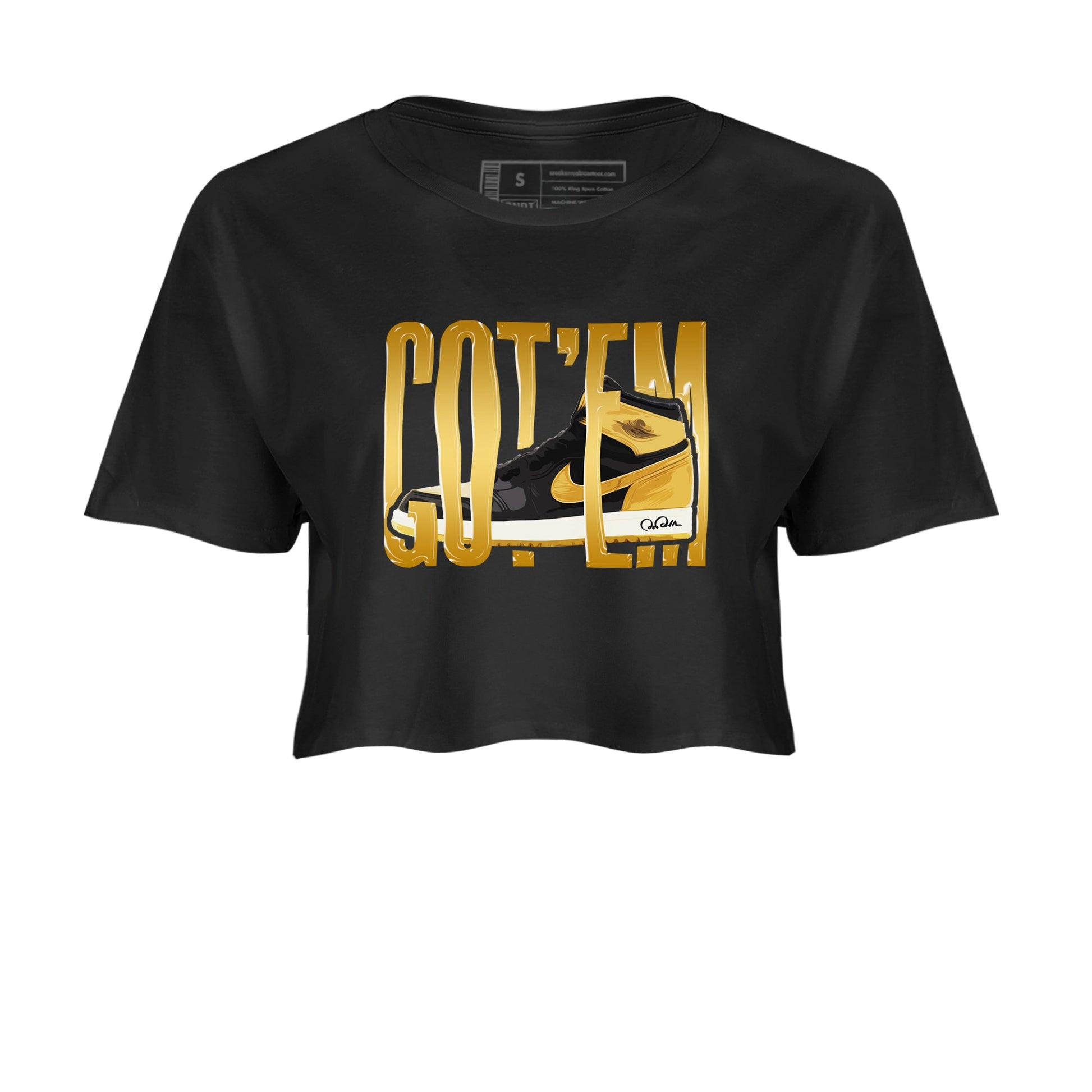 1s Black Metallic Gold shirts to match jordans Wigggling Gotem sneaker match tees Jordan 1 High OG Black and Gold SNRT Sneaker Tees streetwear brand Black 2 crop tee