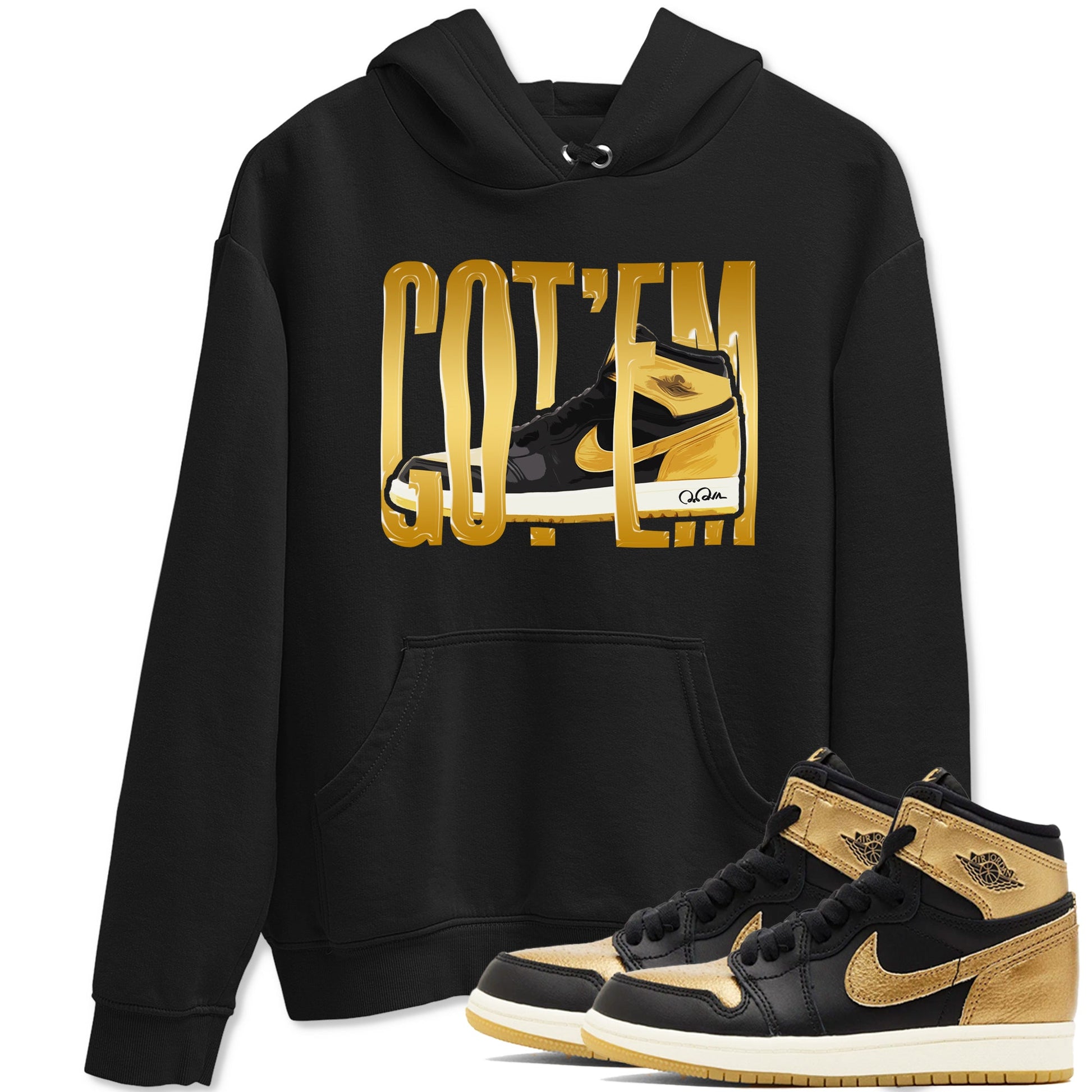 1s Black Metallic Gold shirts to match jordans Wigggling Gotem sneaker match tees Jordan 1 High OG Black and Gold SNRT Sneaker Tees streetwear brand Black 1 unisex cotton tee