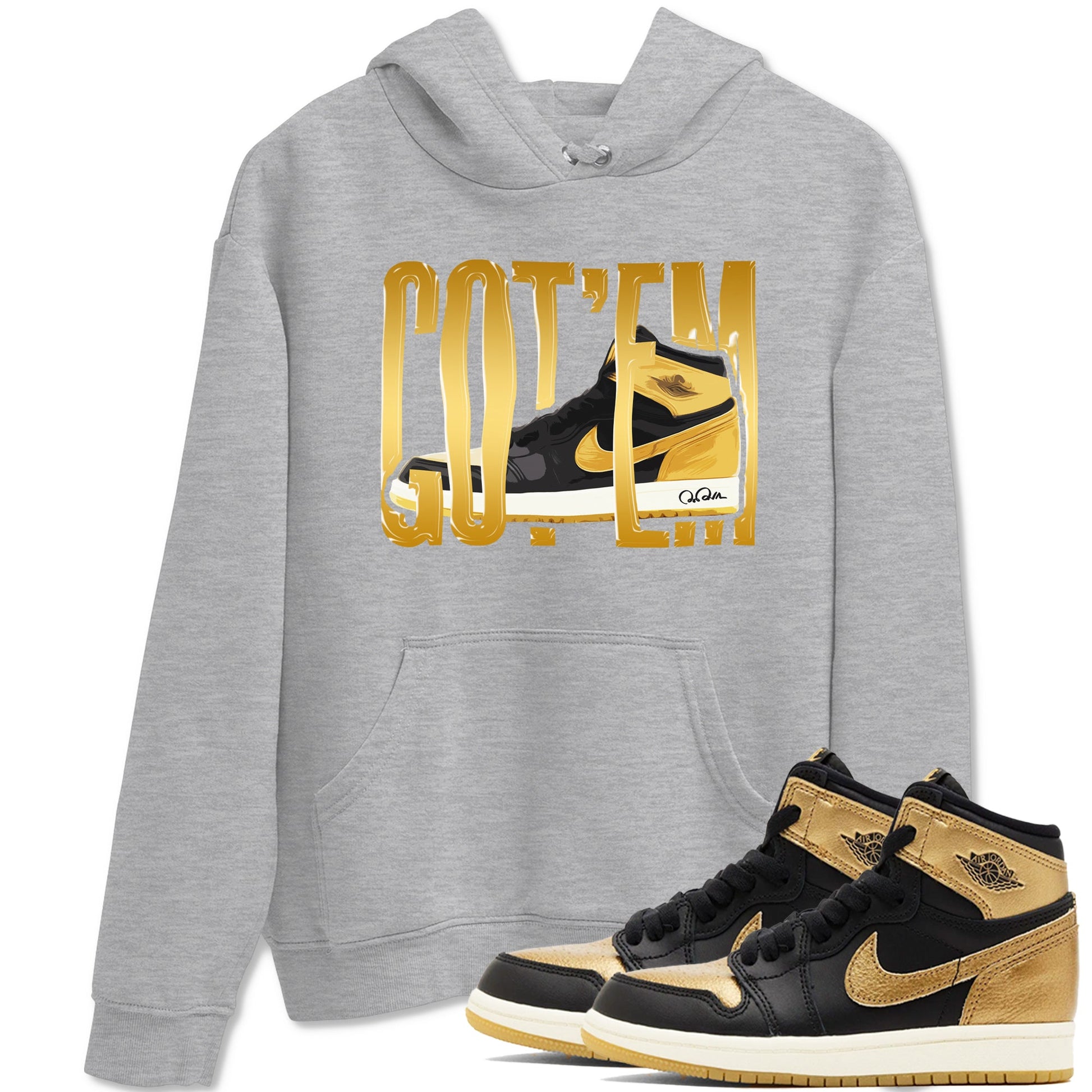 1s Black Metallic Gold shirts to match jordans Wigggling Gotem sneaker match tees Jordan 1 High OG Black and Gold SNRT Sneaker Tees streetwear brand Heather Grey 1 unisex cotton tee