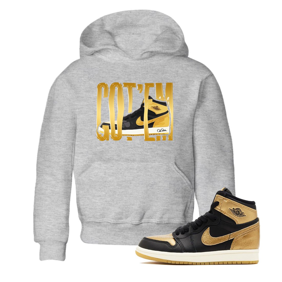 1s Black Metallic Gold shirts to match jordans Wigggling Gotem sneaker match tees Jordan 1 High OG Black and Gold SNRT Sneaker Tees streetwear brand Baby and Youth Heather Grey 1 cotton tee