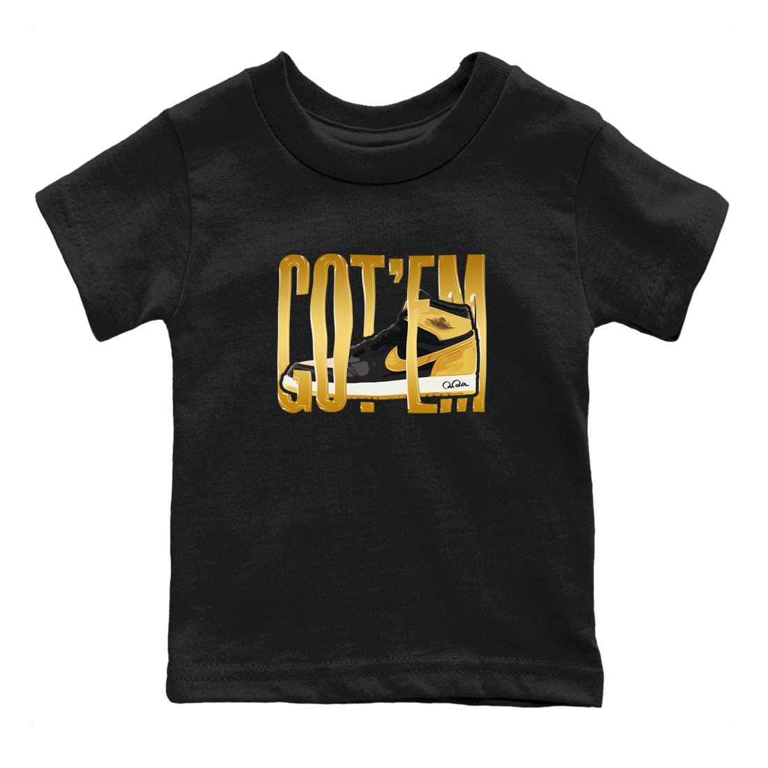1s Black Metallic Gold shirts to match jordans Wigggling Gotem sneaker match tees Jordan 1 High OG Black and Gold SNRT Sneaker Tees streetwear brand Baby and Youth Black 2 cotton tee
