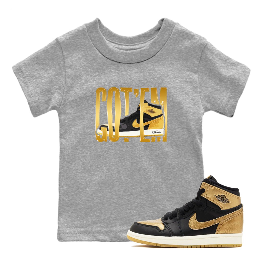 1s Black Metallic Gold shirts to match jordans Wigggling Gotem sneaker match tees Jordan 1 High OG Black and Gold SNRT Sneaker Tees streetwear brand Baby and Youth Heather Grey 1 cotton tee