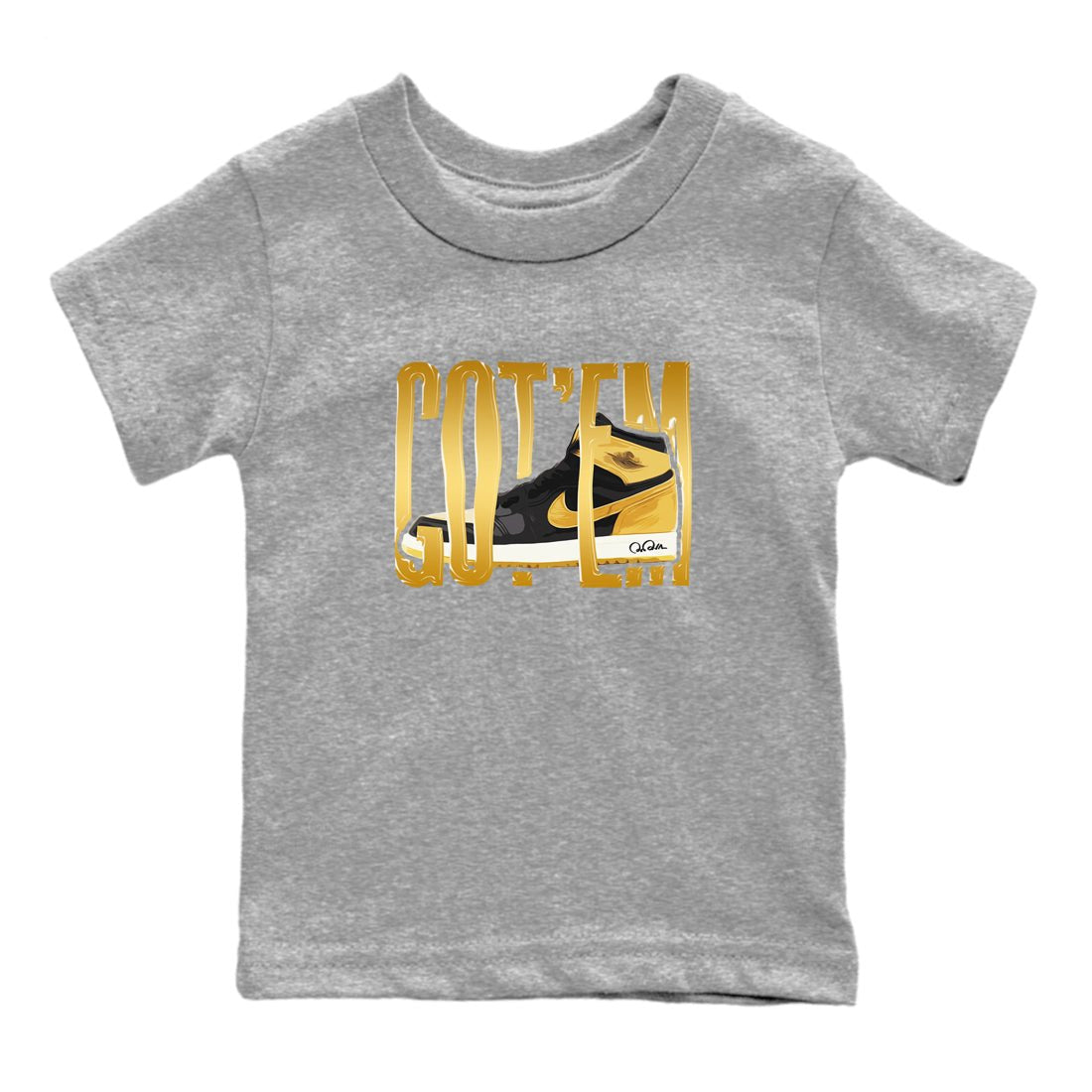 1s Black Metallic Gold shirts to match jordans Wigggling Gotem sneaker match tees Jordan 1 High OG Black and Gold SNRT Sneaker Tees streetwear brand Baby and Youth Heather Grey 2 cotton tee