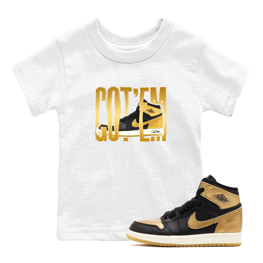 1s Black Metallic Gold shirts to match jordans Wigggling Gotem sneaker match tees Jordan 1 High OG Black and Gold SNRT Sneaker Tees streetwear brand Baby and Youth White 1 cotton tee