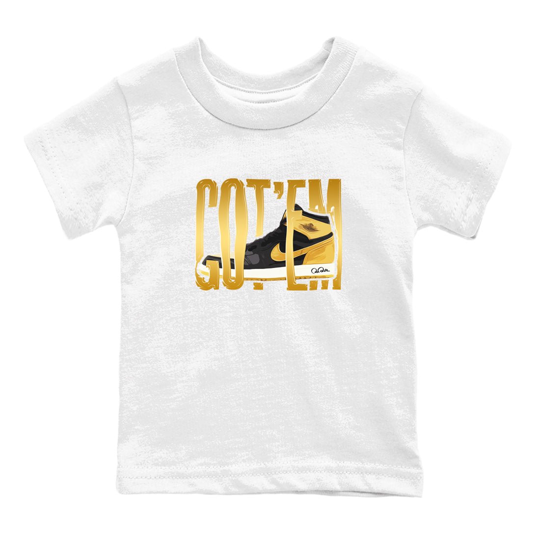 1s Black Metallic Gold shirts to match jordans Wigggling Gotem sneaker match tees Jordan 1 High OG Black and Gold SNRT Sneaker Tees streetwear brand Baby and Youth White 2 cotton tee