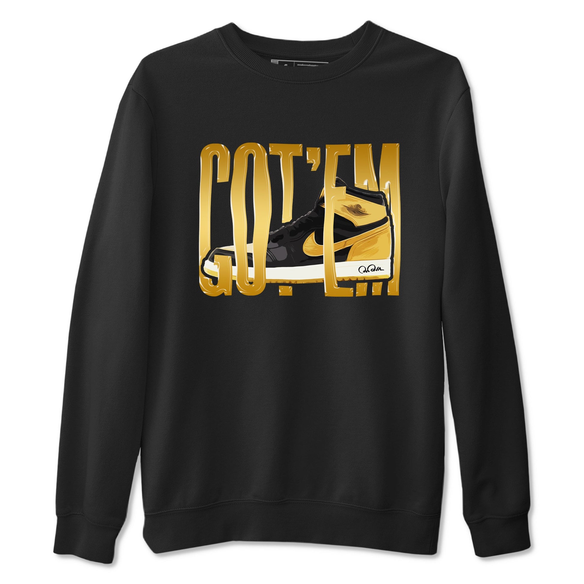 1s Black Metallic Gold shirts to match jordans Wigggling Gotem sneaker match tees Jordan 1 High OG Black and Gold SNRT Sneaker Tees streetwear brand Black 2 unisex cotton tee