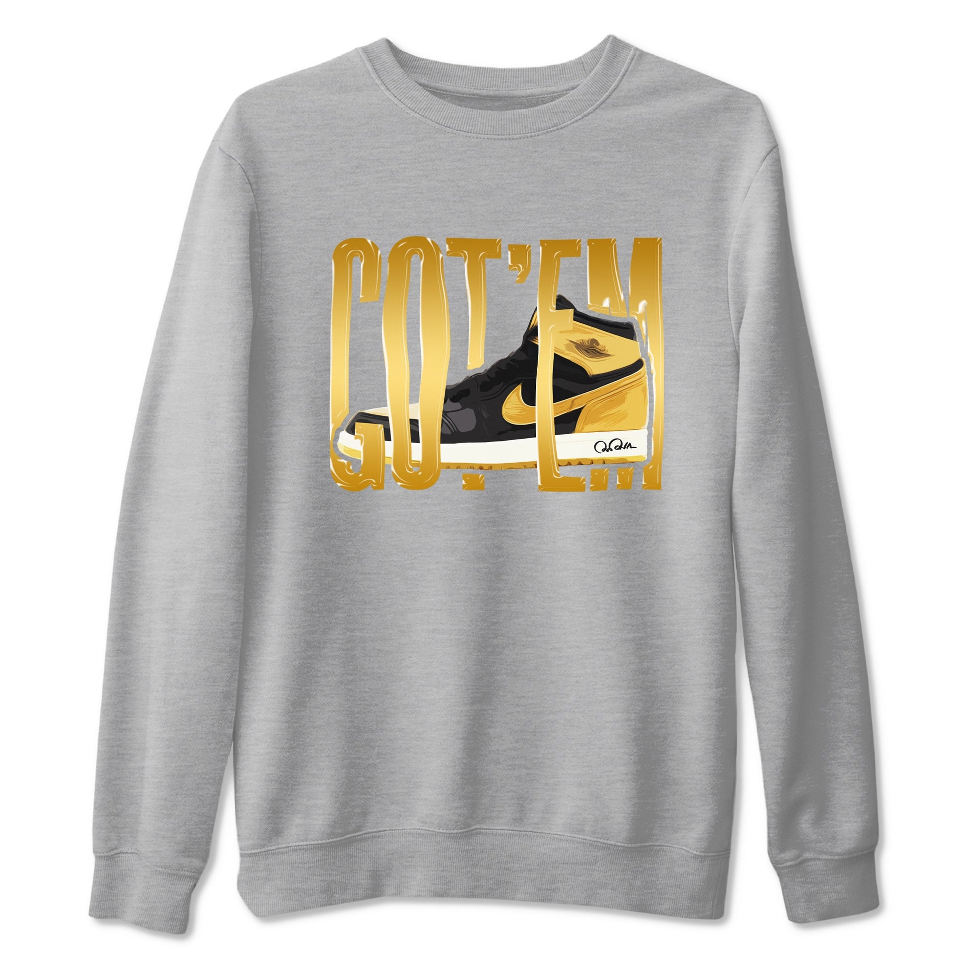 1s Black Metallic Gold shirts to match jordans Wigggling Gotem sneaker match tees Jordan 1 High OG Black and Gold SNRT Sneaker Tees streetwear brand Heather Grey 2 unisex cotton tee