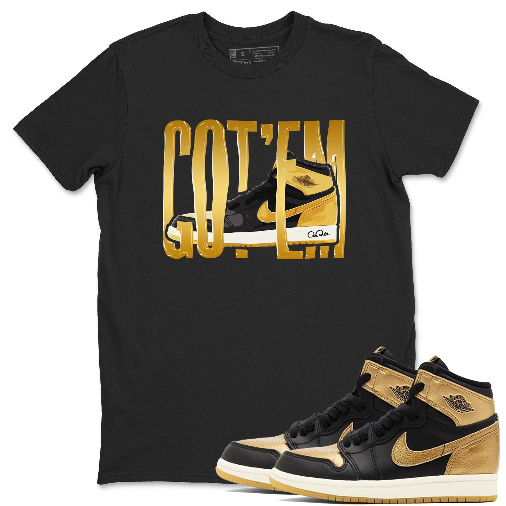 1s Black Metallic Gold shirts to match jordans Wigggling Gotem sneaker match tees Jordan 1 High OG Black and Gold SNRT Sneaker Tees streetwear brand Black 1 unisex cotton tee