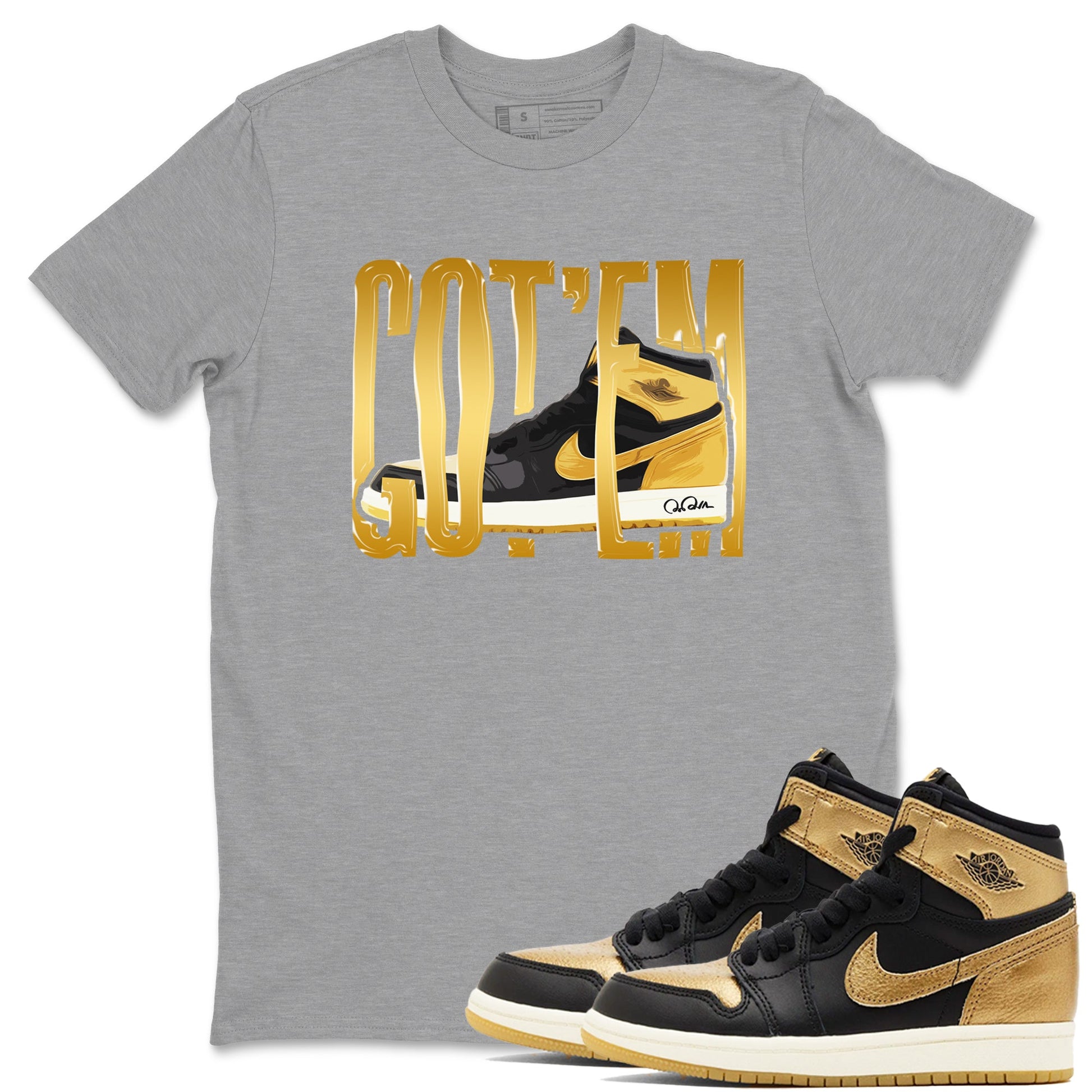 1s Black Metallic Gold shirts to match jordans Wigggling Gotem sneaker match tees Jordan 1 High OG Black and Gold SNRT Sneaker Tees streetwear brand Heather Grey 1 unisex cotton tee