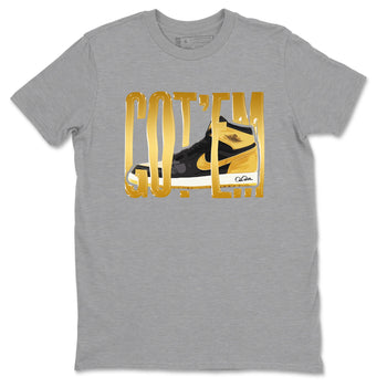 1s Black Metallic Gold shirts to match jordans Wigggling Gotem sneaker match tees Jordan 1 High OG Black and Gold SNRT Sneaker Tees streetwear brand Heather Grey 2 unisex cotton tee