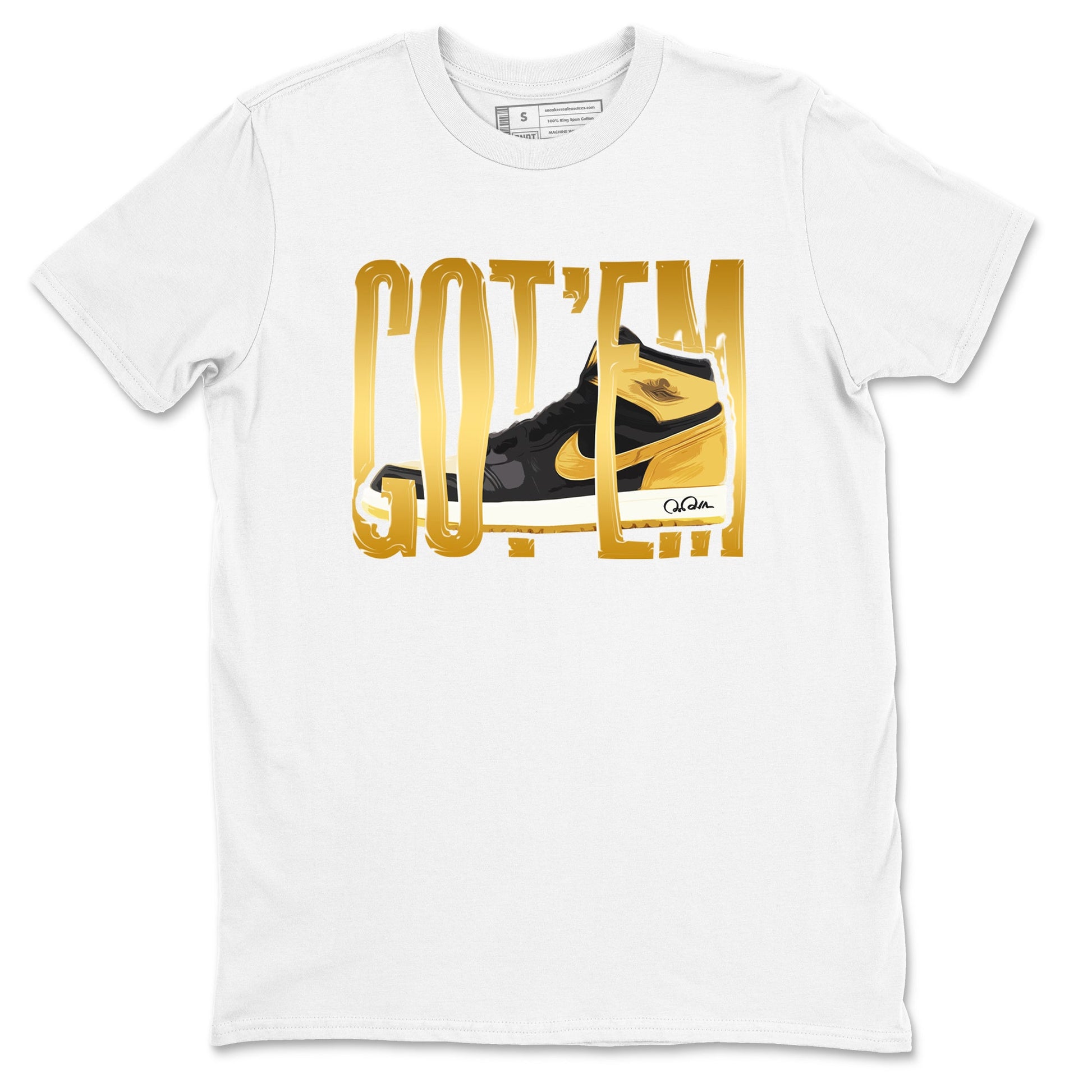 1s Black Metallic Gold shirts to match jordans Wigggling Gotem sneaker match tees Jordan 1 High OG Black and Gold SNRT Sneaker Tees streetwear brand White 2 unisex cotton tee