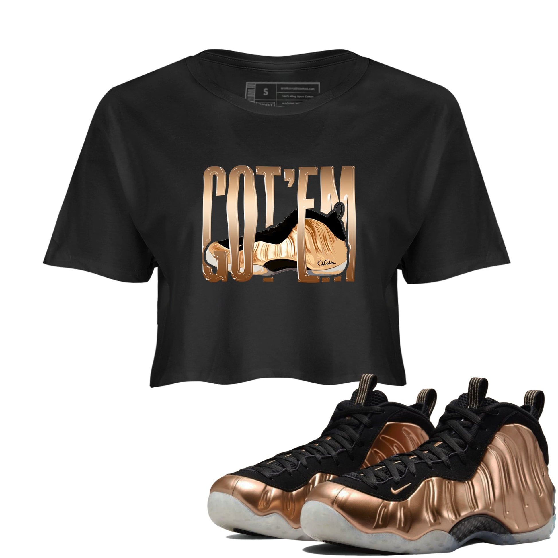Foams One Metallic Copper shirts to match jordans Wiggling Gotem sneaker match tees Air Foamposite One Metallic Copper match shoes to clothes SNRT Sneaker Tees unisex cotton Black 1 crop tee