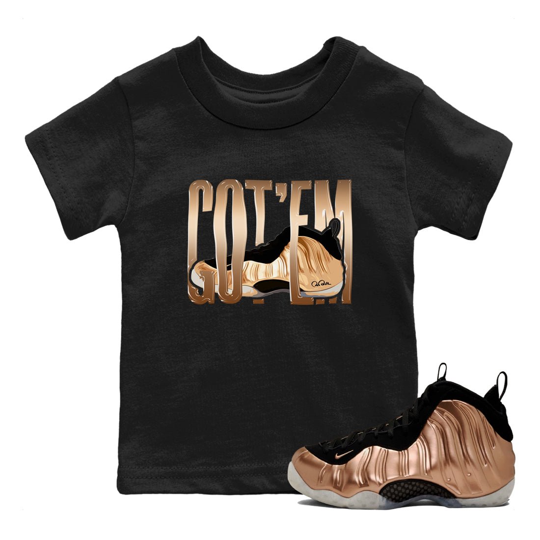 Foams One Metallic Copper shirts to match jordans Wiggling Gotem sneaker match tees Air Foamposite One Metallic Copper match shoes to clothes SNRT Sneaker Tees Youth Baby Black 1 tee