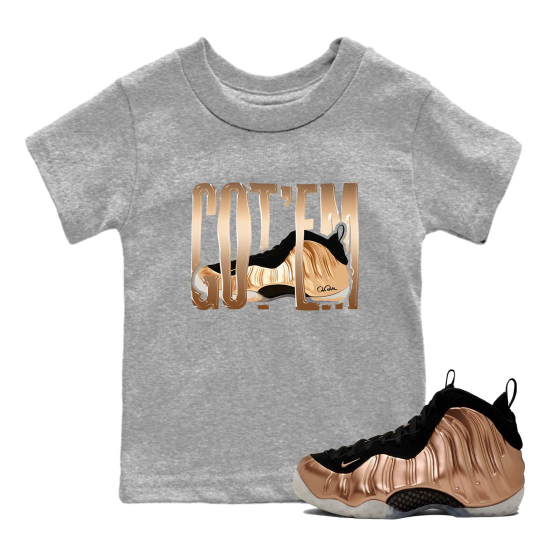 Foams One Metallic Copper shirts to match jordans Wiggling Gotem sneaker match tees Air Foamposite One Metallic Copper match shoes to clothes SNRT Sneaker Tees Youth Baby Heather Grey 1 tee