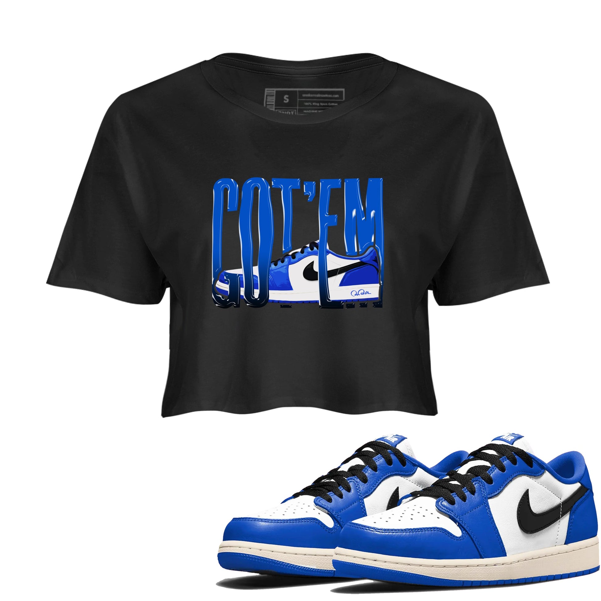 AJ1 Game Royal shirt to match jordans Wiggling Gotem sneaker tees Air Jordan 1 Game Royal SNRT Sneaker Release Tees Black 1 crop length shirt