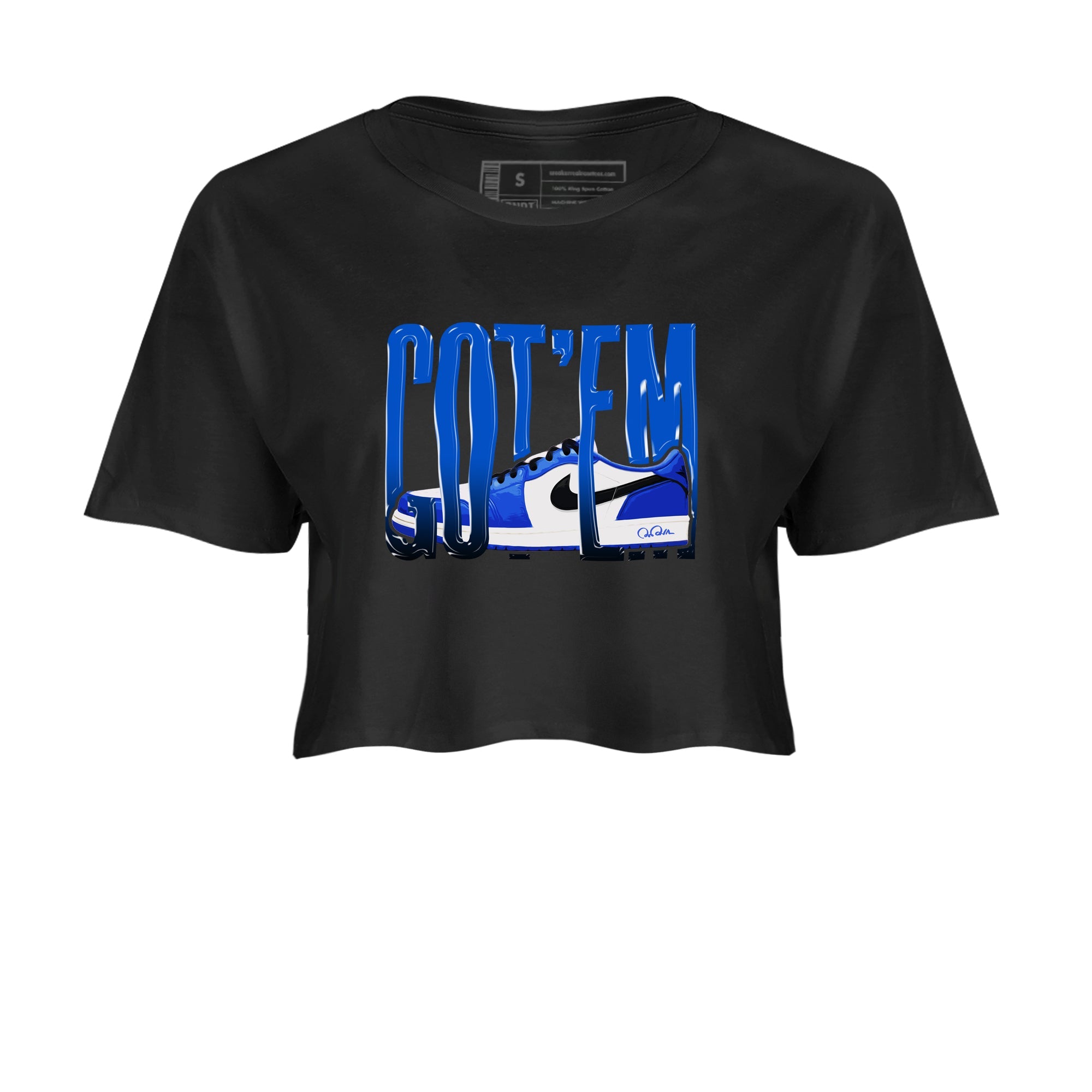 AJ1 Game Royal shirt to match jordans Wiggling Gotem sneaker tees Air Jordan 1 Game Royal SNRT Sneaker Release Tees Black 2 crop length shirt