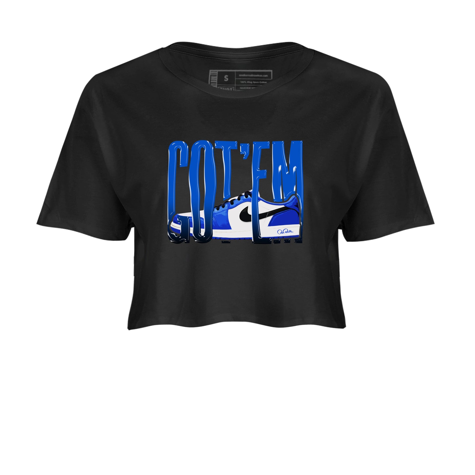 AJ1 Game Royal shirt to match jordans Wiggling Gotem sneaker tees Air Jordan 1 Game Royal SNRT Sneaker Release Tees Black 2 crop length shirt